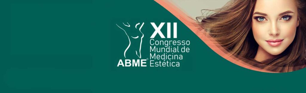 logotipo do Congresso Mundial de Medicina Estética 2015 e mulher com rosto bonito no canto superior direito