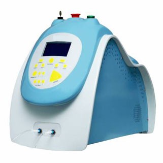aparelho eletrocico azul e branco em formato de ondas com botões amarelos para carboxiterapia