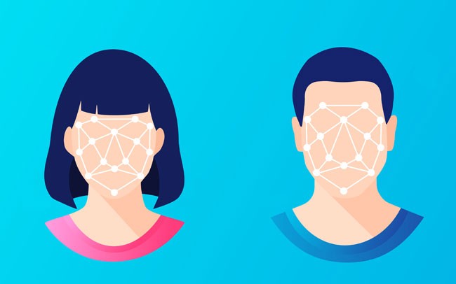desenho de rosto masculino e feminino com pontos ligados sobre as faces sugerem marcações no rosto para harmonização facial